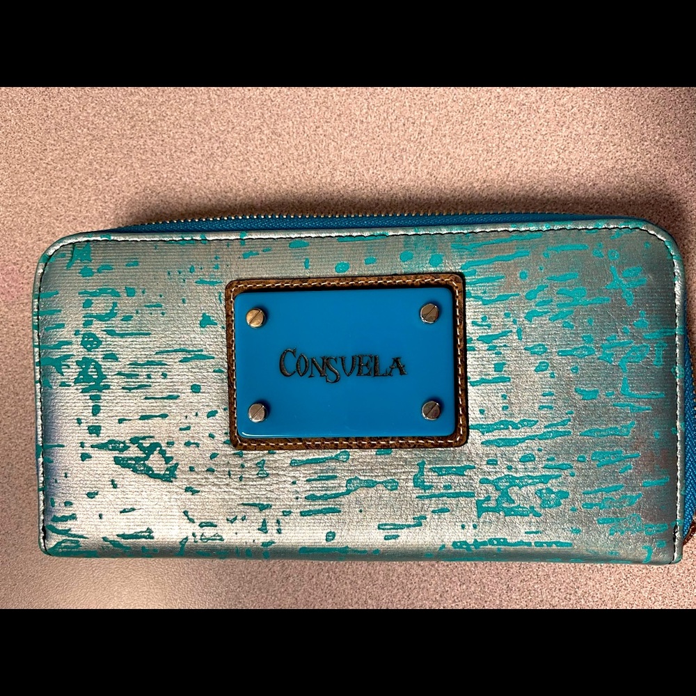 Consuela Metallic Turquoise and Silver Large Clutch Wallet